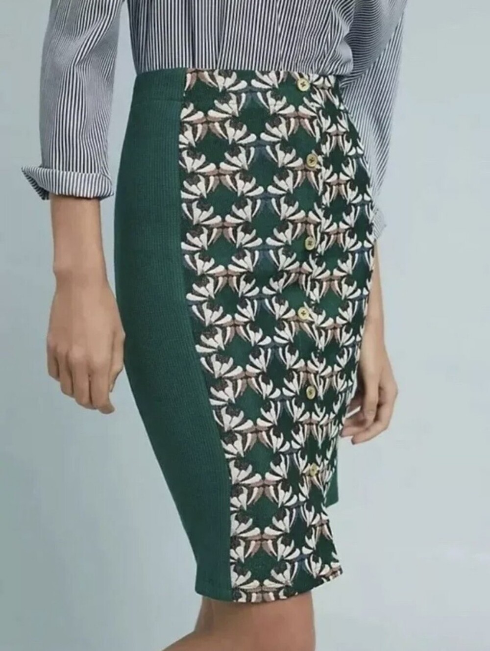 Anthropologie Dolan Green Floral-Print Button Front Pencil Skirt Size Large
